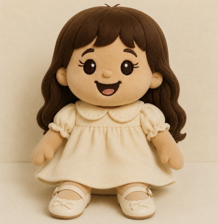 Plushie Donna — plush girl with long brown hair, big brown eyes and a bright smile, in a cream dress