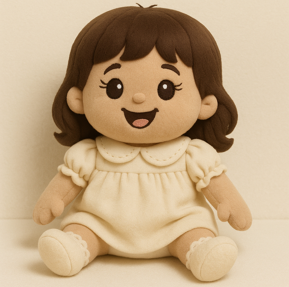 Plushie Donna — plush girl with brown hair, giant brown eyes, and a warm smile