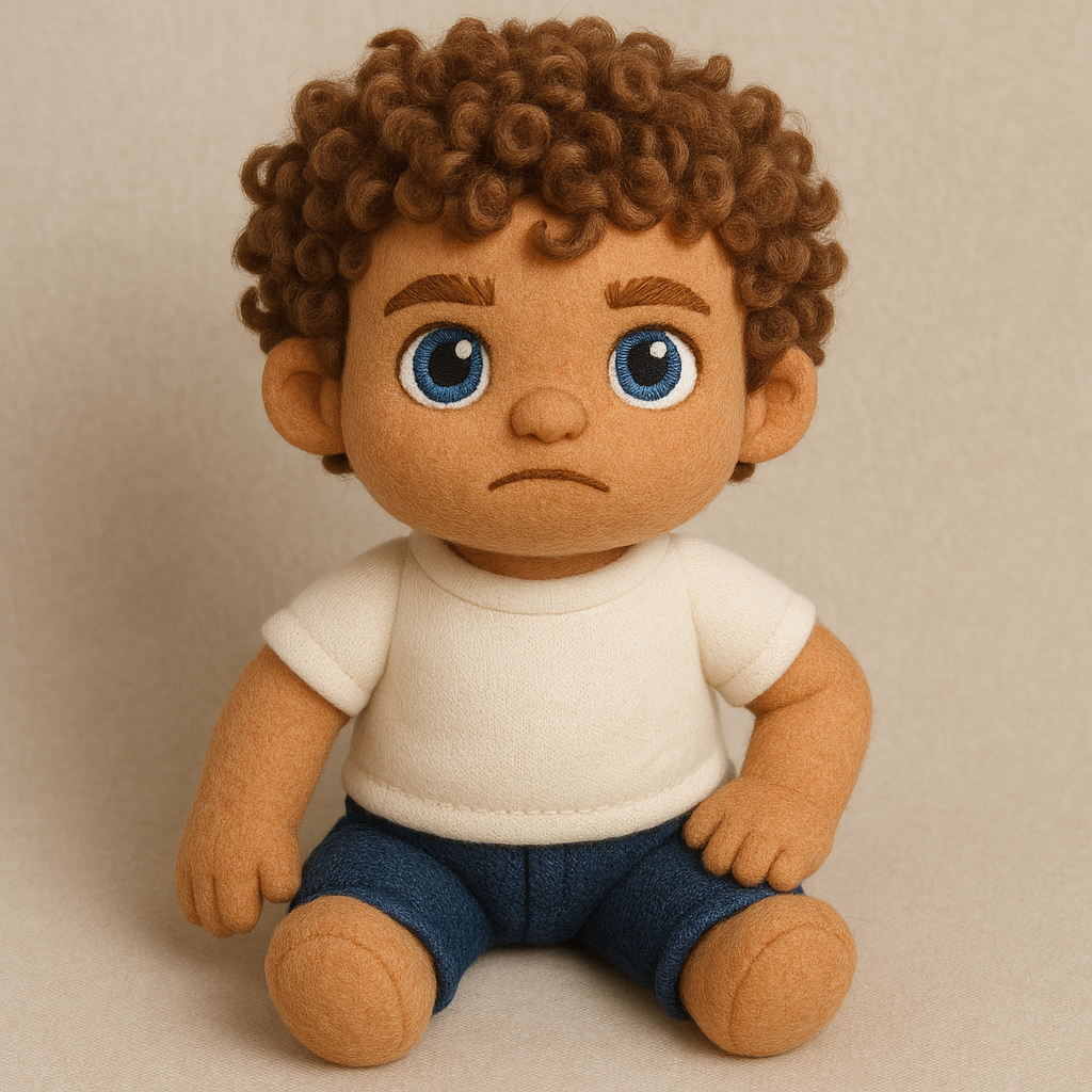Plushie Johnny — curly-haired plush with bright blue eyes and Nike sneakers