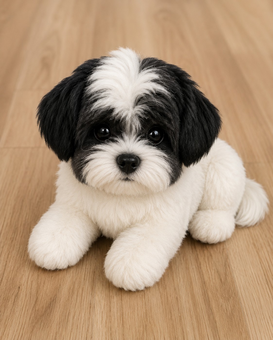 Plushie Kara — tiny black and white plush dog with watchful eyes