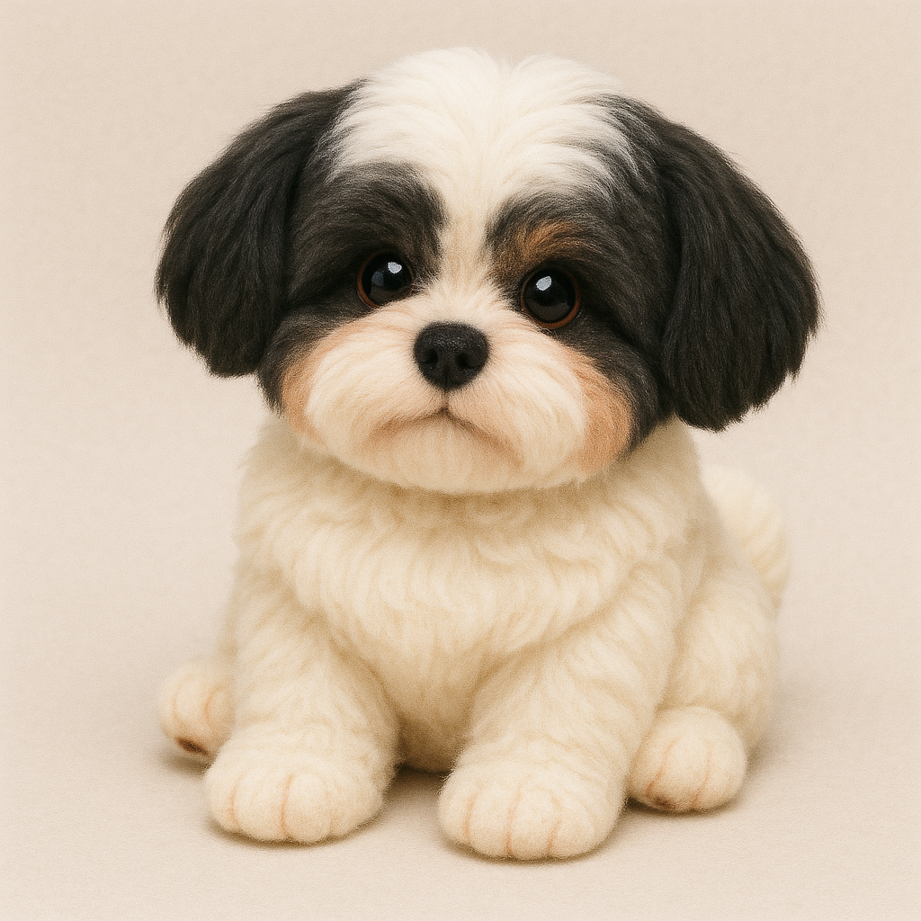 Plushie Kara — tiny black and white plush dog with watchful eyes