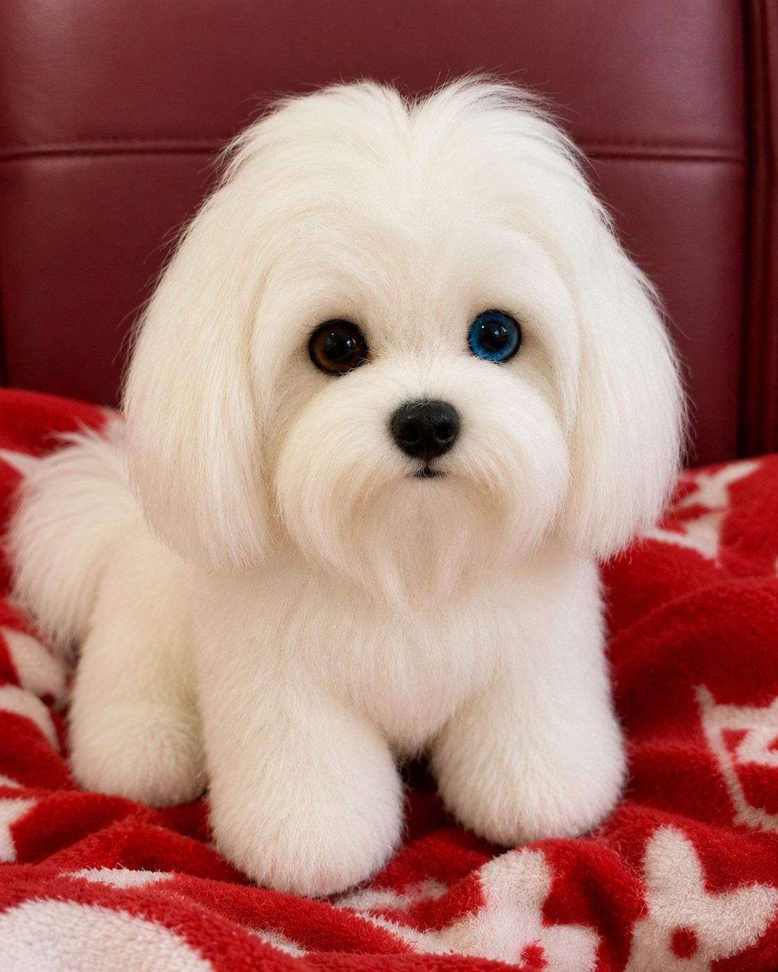 Plushie Zoey — fluffy all-white plush dog with one brown eye and one blue eye