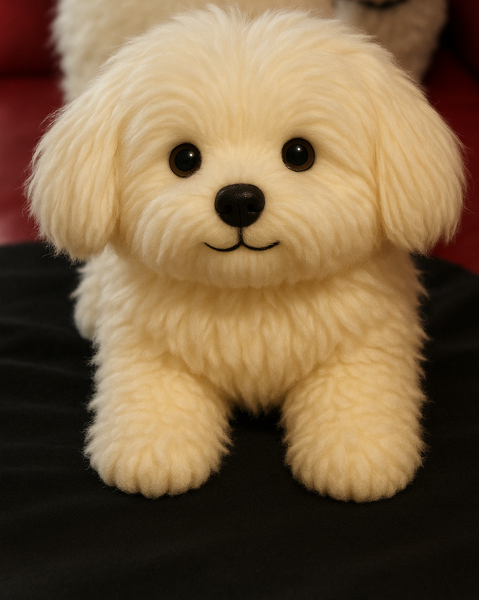 Plushie Zoey — fluffy all-white plush dog with a happy expression